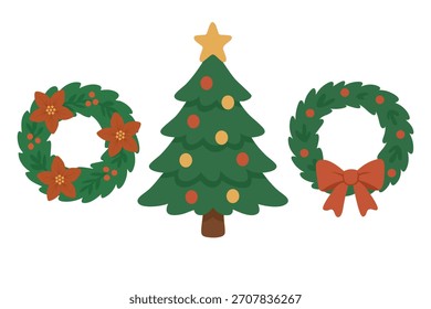 Trío festivo con árbol de Navidad y dos coronas, cálida ilustración plana perfecta para proyectos de temporada.