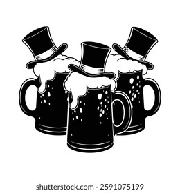 Festive Trio: Stylized St. Patrick's Day Beer Pints with Top Hats - Vector Graphic