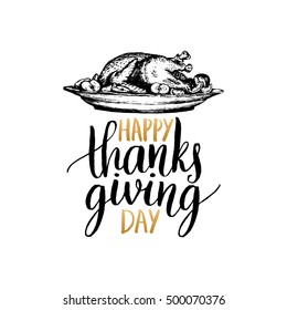 Festive turkey vector illustration with Happy Thanksgiving Day lettering. Invitation or festive greeting card template.