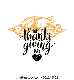 Festive turkey vector illustration with Happy Thanksgiving Day lettering. Invitation or festive greeting card template.