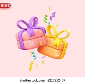 Festive two gifts box with confetti realistic 3d design in cartoon plastic style. Decor for birthday, new year, Christmas surprise, colorful pink gifts boxes for valentines day. Vector illustration