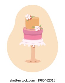 Festlicher zweistufiger Kuchen mit weißen Blumen auf dem Kuchenständer. Wüste einzeln auf hellpastellfarbenem Hintergrund. Flacher Cartoon-Stil. Ideal für Grußkarte, Einladung, Postkarte, Webdesign. 