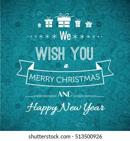 Festive typographic background with greetings ribbon presents and line icons pattern vector illustration