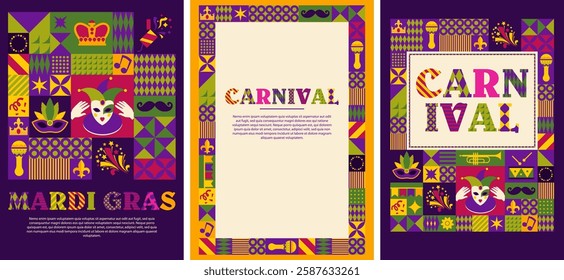 A festive typography design with colorful carnival elements inspired by Mardi Gras. A vector illustration with bold artistic lettering.