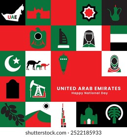 Festive UAE National Day Graphic - Square Design with Traditional and Contemporary Symbols in National Colors