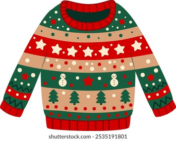 Festive Ugly Christmas Sweater Vector Illustration. Cozy winter designs, snowflakes, Christmas trees, Snowmen and seasonal patterns for holiday card, party invitation, gift wrap.