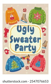 Festive Ugly Sweater Party illustration featuring Christmas themed sweaters, scarves, mittens, ice skates, and snowflakes on a beige background. Perfect for winter holiday invitation design.