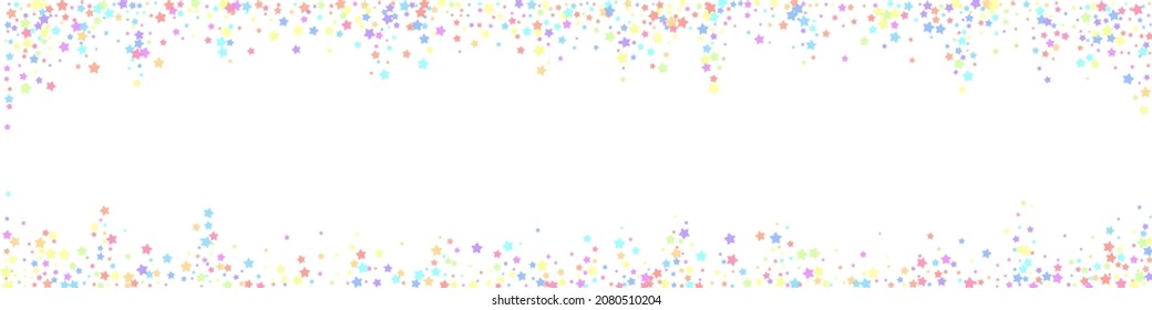 Festive uncommon confetti. Celebration stars. Colorful stars on white background. Adorable festive overlay template. Panoramic vector background.