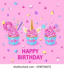 Festive unicorn cupcakes set.  Cake with golden horn and cream on pink background