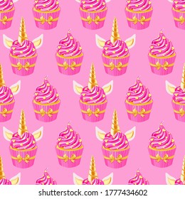 Festive unicorn fairy cakes with gold horn and pink cupcakes . Seamless pattern. Texture for fabric, wrapping, wallpaper, birthday and other holiday decorative print.
