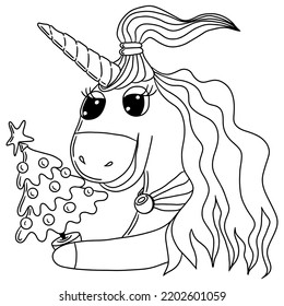 Festive unicorn for new year or christmas coloring book. Cute Unicorn. Isolated line unicorn