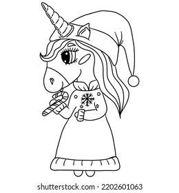 Festive unicorn for new year or christmas coloring book. Cute Unicorn. Isolated line unicorn