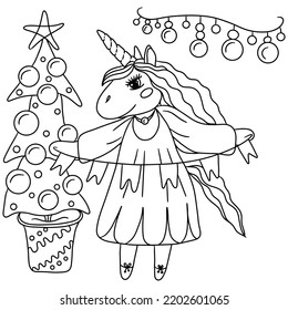 Festive unicorn for new year or christmas coloring book. Cute Unicorn. Isolated line unicorn