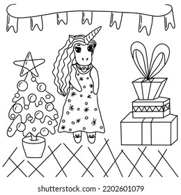 Festive unicorn for new year or christmas coloring book. Cute Unicorn. Isolated line unicorn