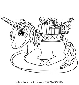 Festive unicorn for new year or christmas coloring book. Cute Unicorn. Isolated line unicorn