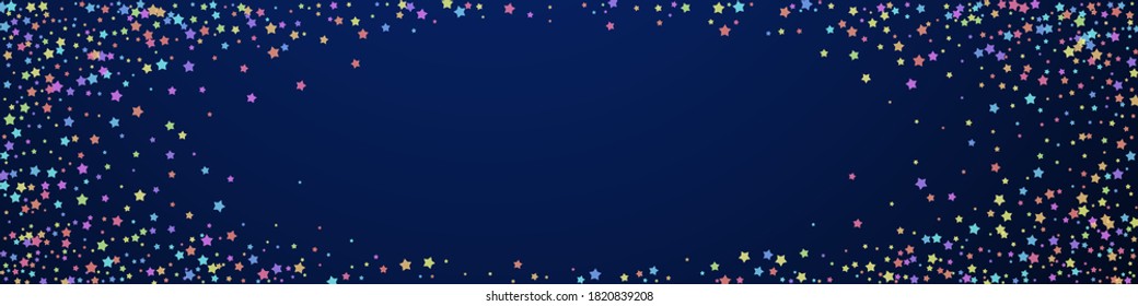 Festive unique confetti. Celebration stars. Colorful stars on dark blue background. Alluring festive overlay template. Panoramic vector background.