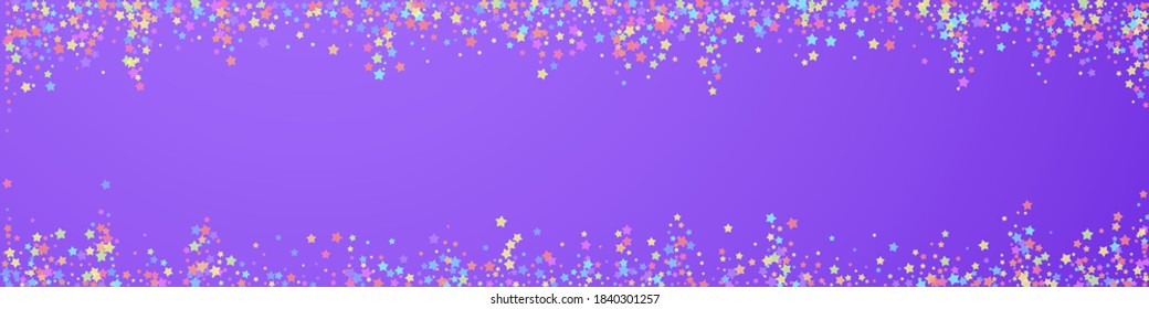 Festive unique confetti. Celebration stars. Colorful stars dense on violet background. Adorable festive overlay template. Panoramic vector background.