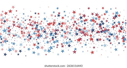 Festive USA star vector design. USA abstract patriotic motif. Veterans Day illustration. Scattered red blue star pattern. Ideal for greeting cards.