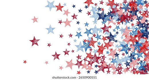 Festive USA star vector design. USA spirit illustration. Memorial Day graphic. Dynamic red blue doodle star confetti. Perfect for banners and posters.