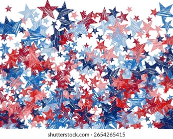 Diseño festivo de Vector de estrella de EE. UU. Decoración de fiesta nacional. Obra de arte de unidad y patriotismo. Patrón de estrella azul roja dispersa. Ideal para tarjetas de felicitación.