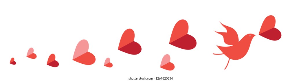 Festive Valentine vector with red hearts and a bird on white. Flat festive design for banner.