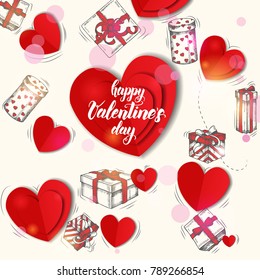 Festive Valentines background with hand drawn doddle gifts and cardboard hearts. Greeting hand made quote "Happy Valentine's Day". Sketch. Vector. Banner, poster, flyer, brochure.