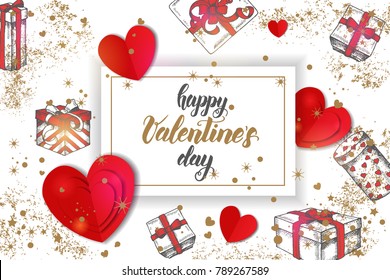 Festive Valentines background with hand drawn doddle gifts, golden confetti and cardboard hearts on white. Greeting hand made quote "Happy Valentine's Day". Sketch. Banner, poster, flyer, brochure.