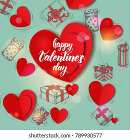 Festive Valentines background with hand drawn doddle gifts and cardboard hearts. Greeting hand made quote "Happy Valentine's Day". Sketch. Vector. Banner, poster, flyer, brochure.