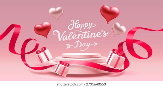 Festive Valentines Day background with 3D hearts, gifts, and a product display podium, perfect for romantic promotions. Vector illustration.