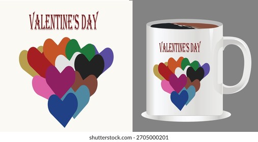 A festive Valentine's Day design featuring a vibrant cluster of colorful hearts and the words "Valentine's Day" on a mug and card.