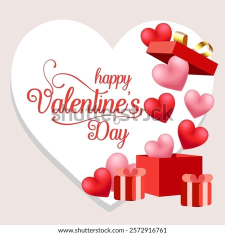 A festive Valentine's Day design featuring a large white heart with Happy Valentine's Day in a stylish font surrounded by smaller red and pink hearts and gift boxes adorned with red ribbons





