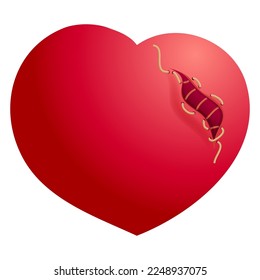 Elemento del día de San Valentín festivo, corazón con herida abierta, herida cicatriz cosida con símbolo de hilo de renacimiento del dolor