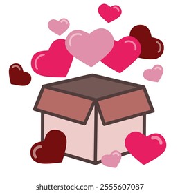 A Festive Valentine's Day Gift. Open Gift Box with Decorated Flying Red Love and Pink Hearts illustration.