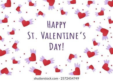 Festive Valentines Day greeting card with flying red hearts, purple wings, and decorative text in a playful style. Vector illustration or banner isolated on white background