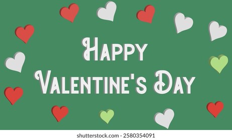 Festive Valentine's Day Greeting with Colorful Hearts on Green Background