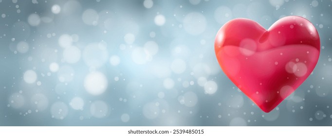 Festive Valentine's Day illustration with big red heart shaped helium balloon on a blurred background in gray tones with bokeh effect.