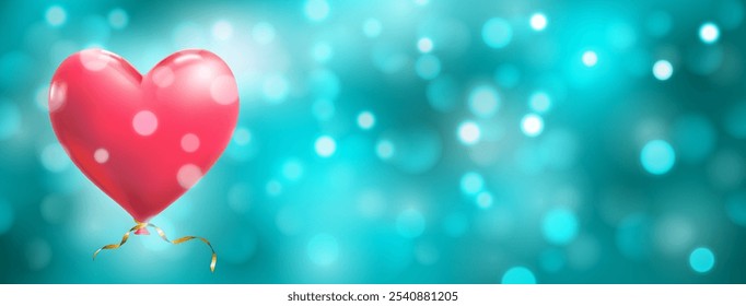 Festive Valentine's Day illustration with big red heart shaped helium balloon on a blurred background in light blue tones with bokeh effect.