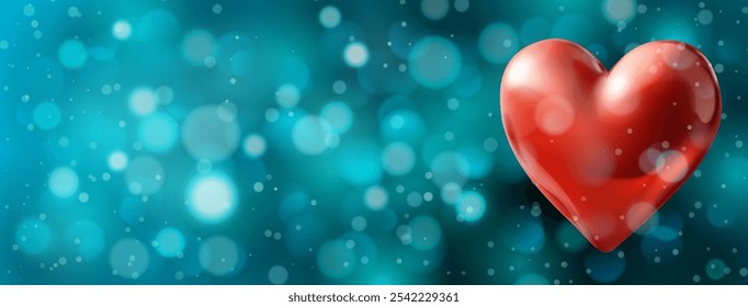 Festive Valentine's Day illustration with big red heart shaped helium balloon on a blurred background in light blue tones with bokeh effect.