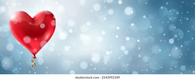 Festive Valentine's Day illustration with big red heart shaped helium balloon on a blurred background in light blue tones with bokeh effect.