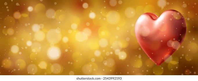 Festive Valentine's Day illustration with big red heart shaped helium balloon on a blurred background in golden tones with bokeh effect.