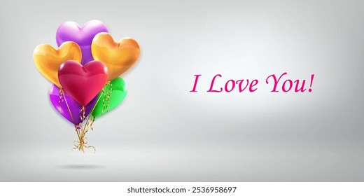 Festive Valentine's Day illustration with a bunch of colored heart shaped helium balloons and inscription I Love You on white background