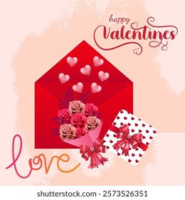 A festive Valentine's Day illustration featuring an open red envelope with pink roses hearts inside a gift box with a red ribbon and love in stylized font ValentinesDay Love