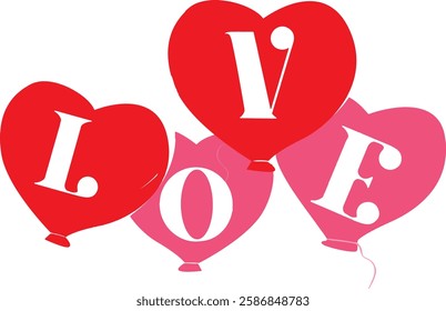 A festive Valentine's Day illustration featuring four heart-shaped balloons in red and pink, spelling out the word "LOVE." A perfect romantic design for celebrations, decorations, and digital artwork.