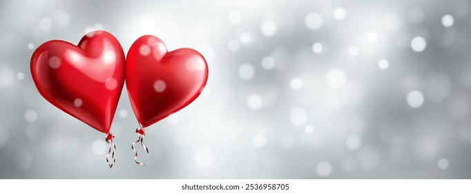 Festive Valentine's Day illustration with two big red heart shaped helium balloons on a blurred background in gray tones with bokeh effect.