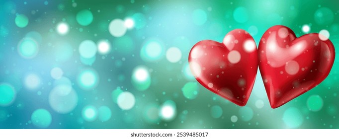 Festive Valentine's Day illustration with two big red heart shaped helium balloons on a blurred background in green and blue tones with bokeh effect.