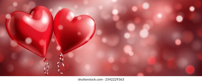 Festive Valentine's Day illustration with two big red heart shaped helium balloons on a blurred background in red tones with bokeh effect.