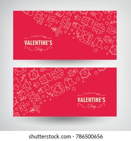 Festive Valentines Day romantic horizontal banners with inscriptions and lined traditional icons on red background vector illustration