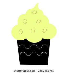 Festive vanilla cupcake with buttercream, isolated on  white background. Cute sweet dessert for  birthday or  small celebration. Delicious mouth-watering treat for  party. Black and yellow.