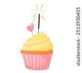 Festive vanilla cupcake with topper and sparkler, in flat vector style, isolated on white background. Vector festive sweet desserts for a birthday or small celebration