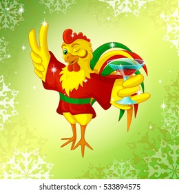 Festive vector background with cartoon characters for the New Year. Rooster in red kimono holds a glass with a cocktail and showing victory sign. The symbol of the Red Rooster on the Chinese calendar.